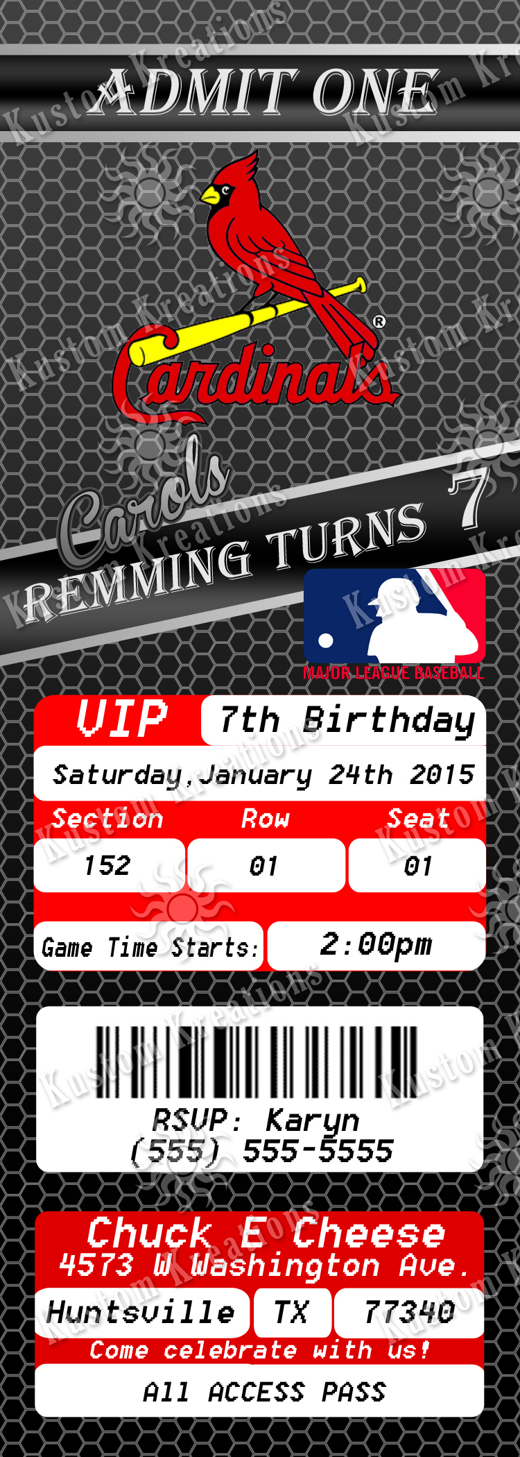 MLB St. Louis Cardinals Ticket Birthday Invitation | Kustom Kreations